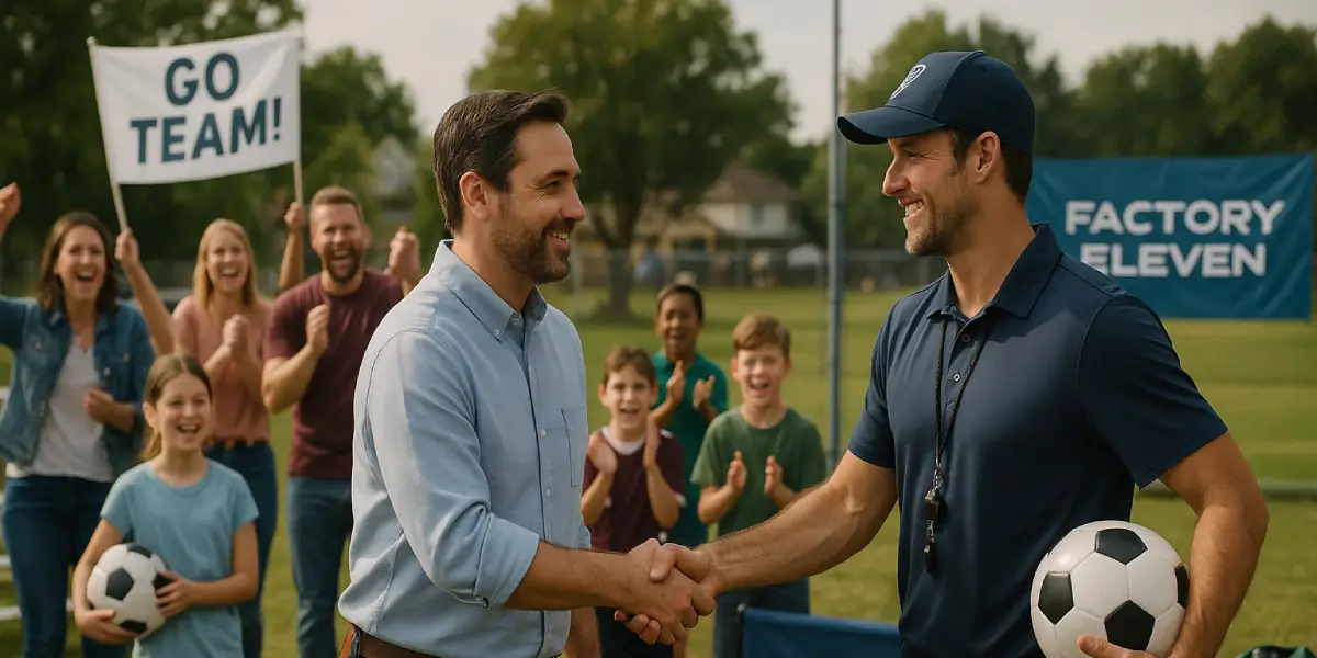 Two men shake hands; a Factory 11 brand banner in the background